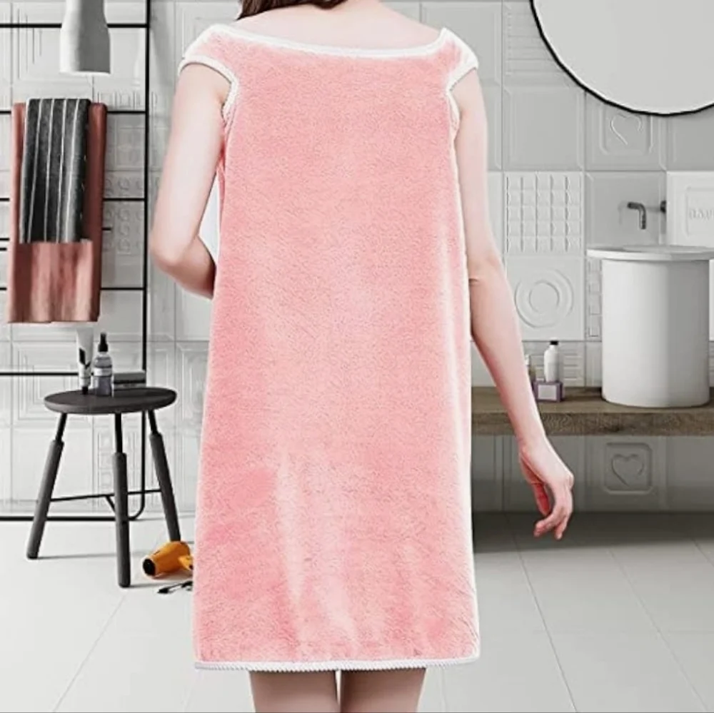 Wearable Towel Pink Towel Dress with Pocket Bow Design Coral Slim Fit